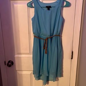 Blue dress with tan belt